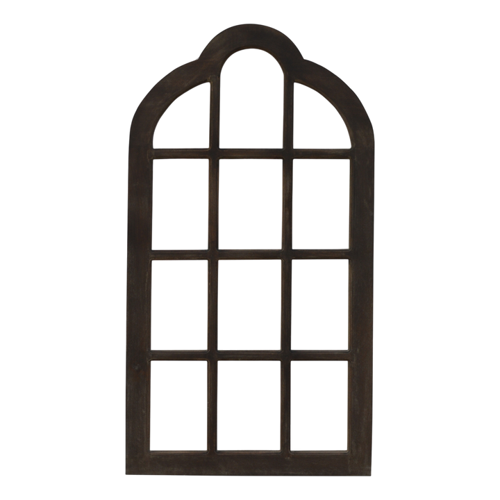 Palladio Arched Window Mirror in Espresso, front view. 100% solid hardwood frame in a dark espresso finish, arched top, wooden window-pane pattern, mirror glass.