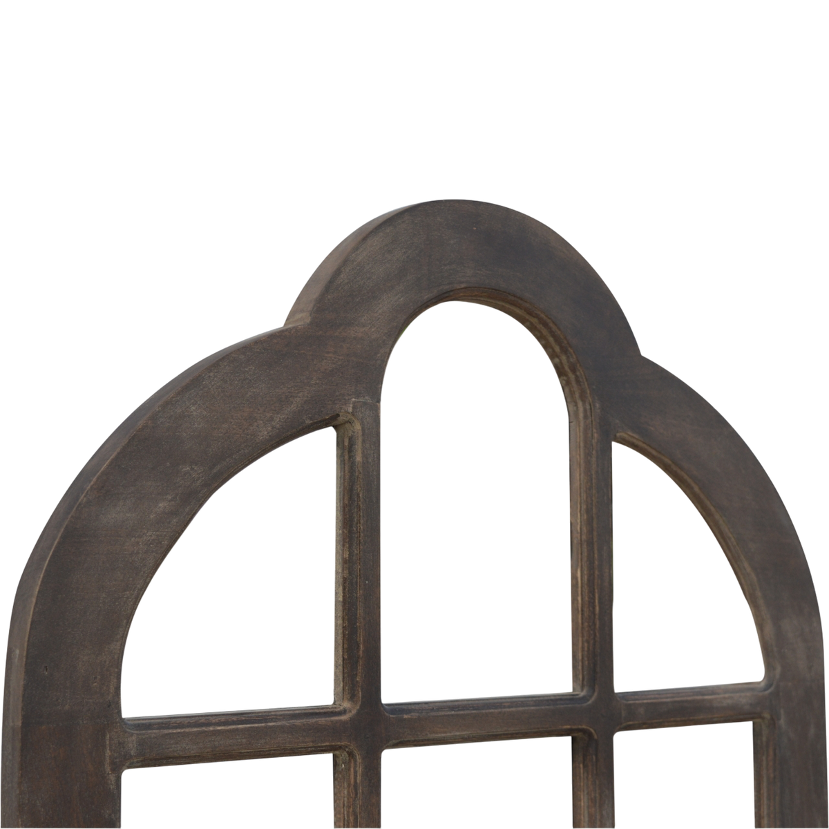 Close view of the frame on the Palladio Arched Window Mirror in Espresso.