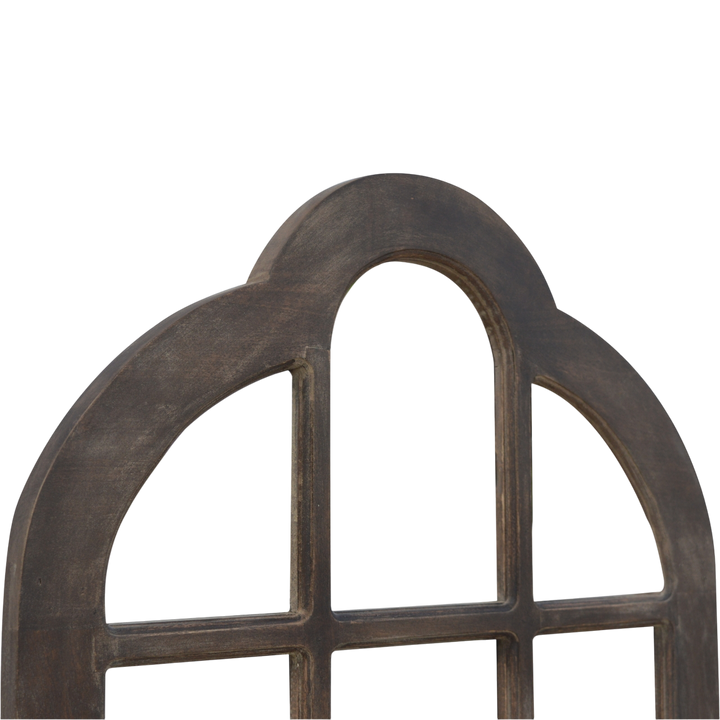 Close view of the frame on the Palladio Arched Window Mirror in Espresso.