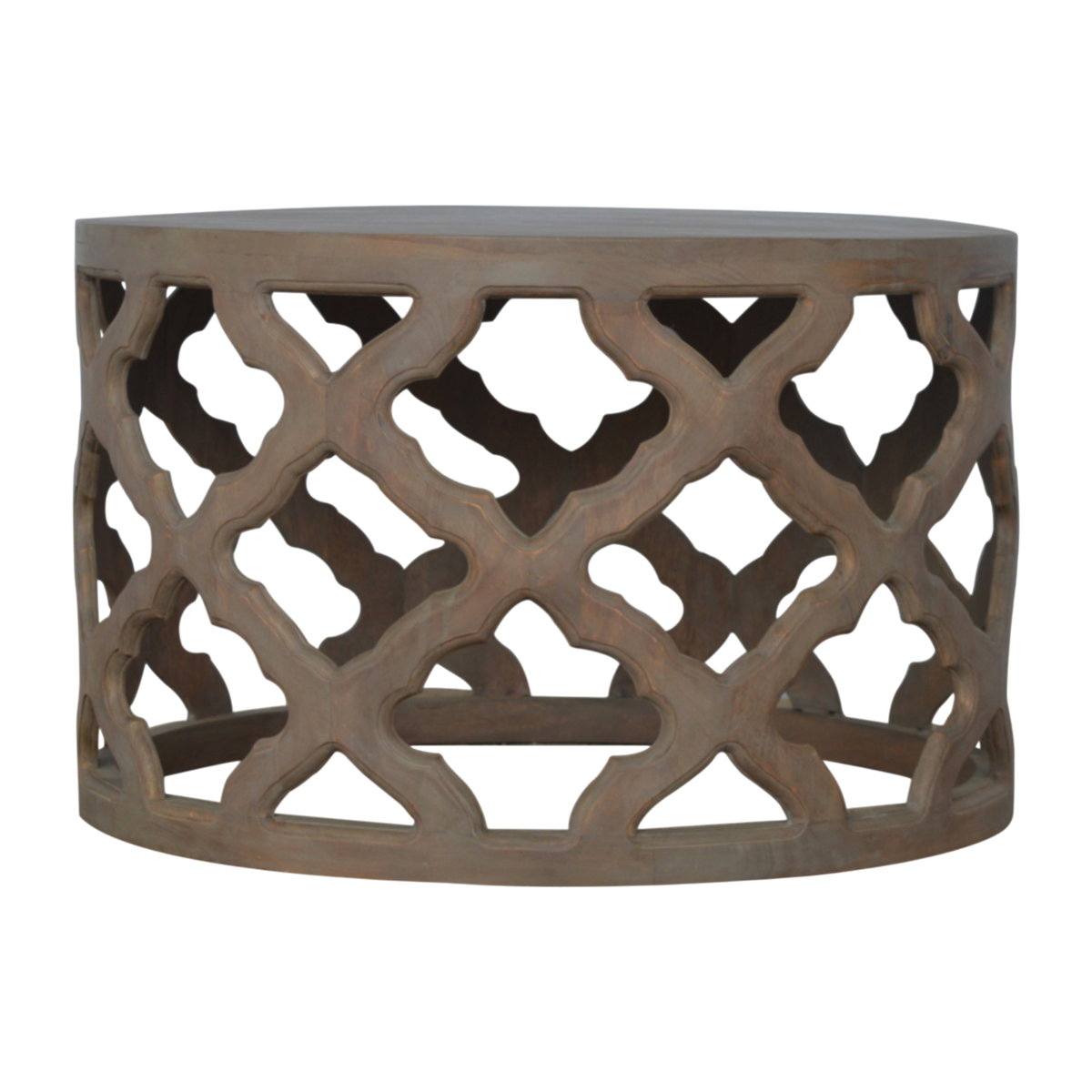 Palladio Carved Stool in Stone, front view. 100% solid hardwood in a pale stone finish, hand-carved cut-through floral base, round top.