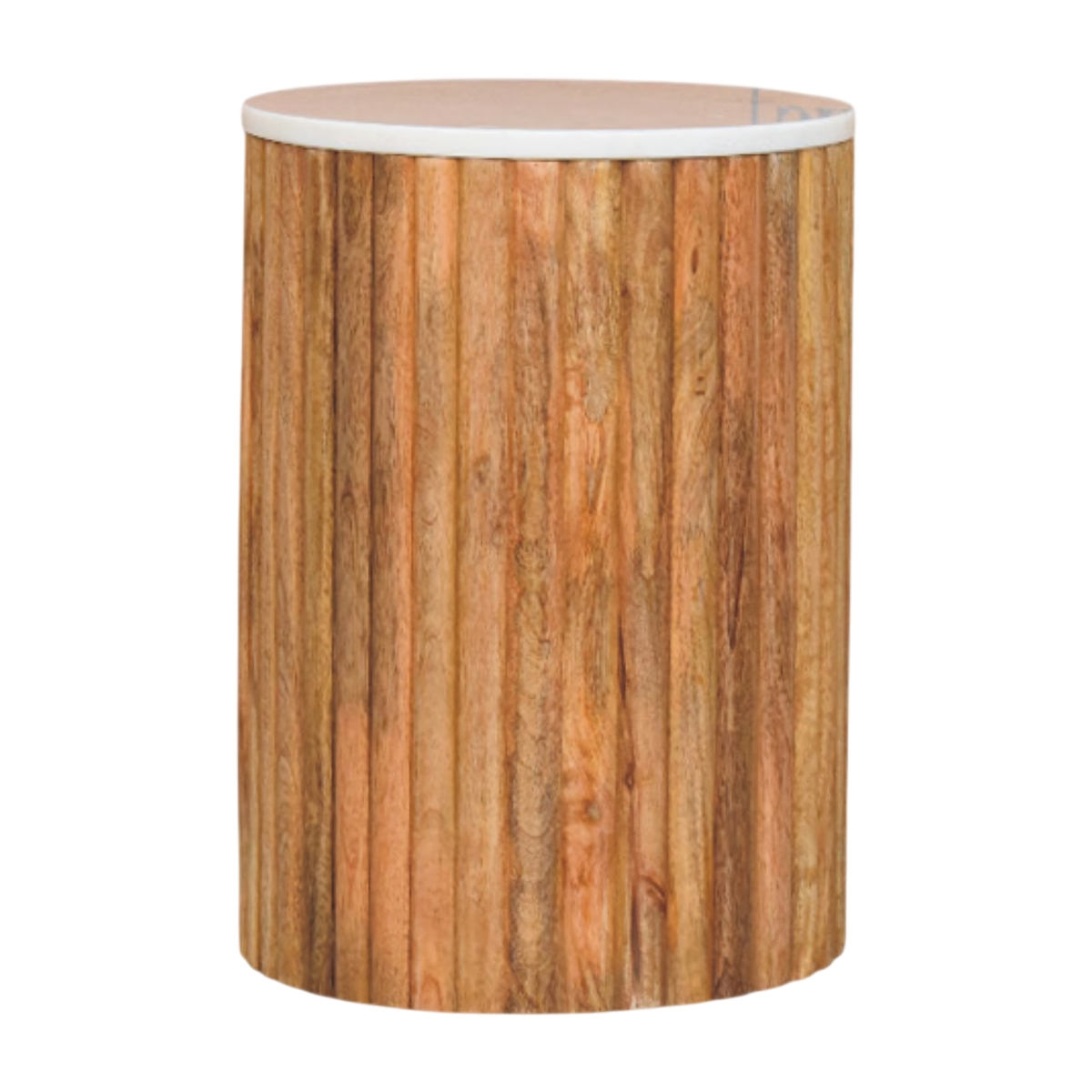 Palladio Round Marble Side Table in Amber, front view. Fluted cylindrical base in solid hardwood, amber finish, round marble top.