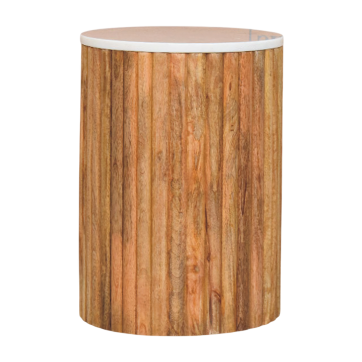 Palladio Round Marble Side Table in Amber, front view. Fluted cylindrical base in solid hardwood, amber finish, round marble top.
