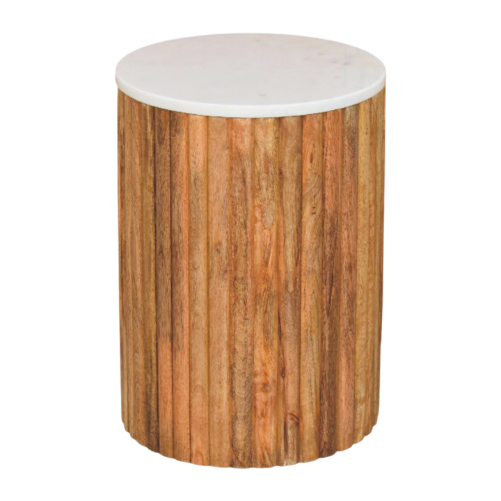 Palladio Round Marble Side Table in Amber, three-quarter view showing the full profile.