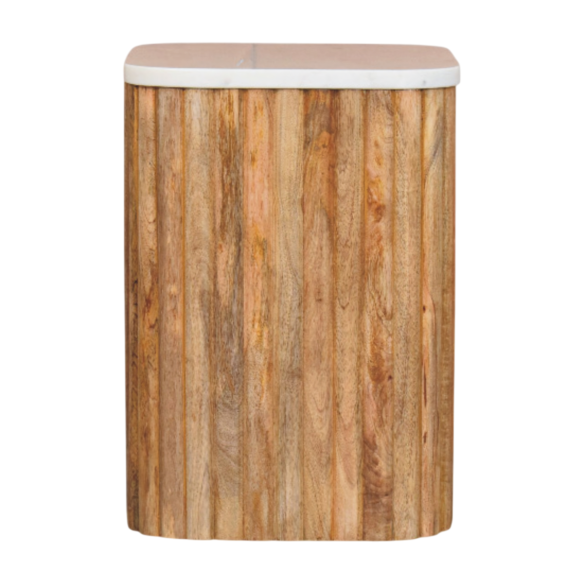 Palladio Square Marble Side Table in Amber, front view. Fluted solid hardwood base in an amber finish, square marble top.