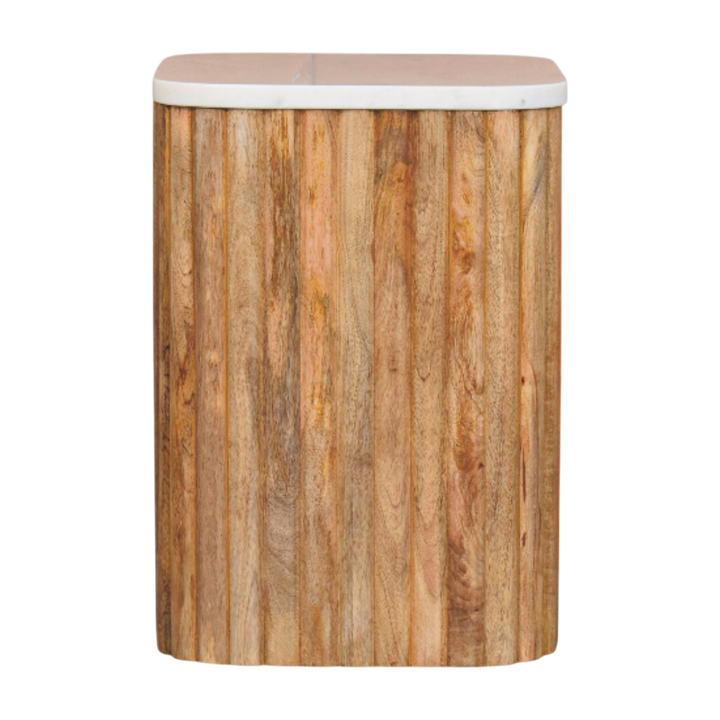 Palladio Square Marble Side Table in Amber, front view. Fluted solid hardwood base in an amber finish, square marble top.