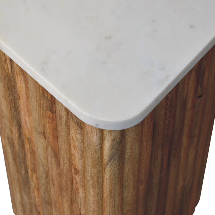 Close view of the top on the Palladio Square Marble Side Table in Amber.