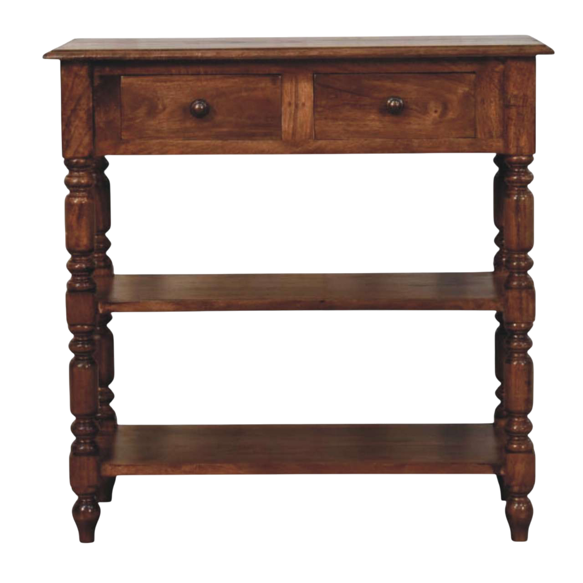 Petworth Side Table in Chestnut, front view. Chestnut hardwood, two drawers and two open shelves.