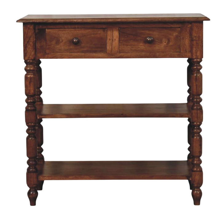 Petworth Side Table in Chestnut, front view. Chestnut hardwood, two drawers and two open shelves.