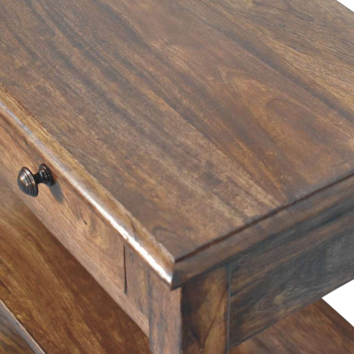 Close view of the grain on the tabletop on the Petworth Side Table in Chestnut.