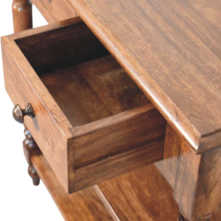 Petworth Side Table in Chestnut, shown with a drawer open.