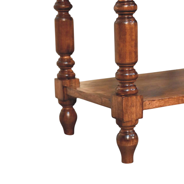Close view of the turned legs on the Petworth Side Table in Chestnut.