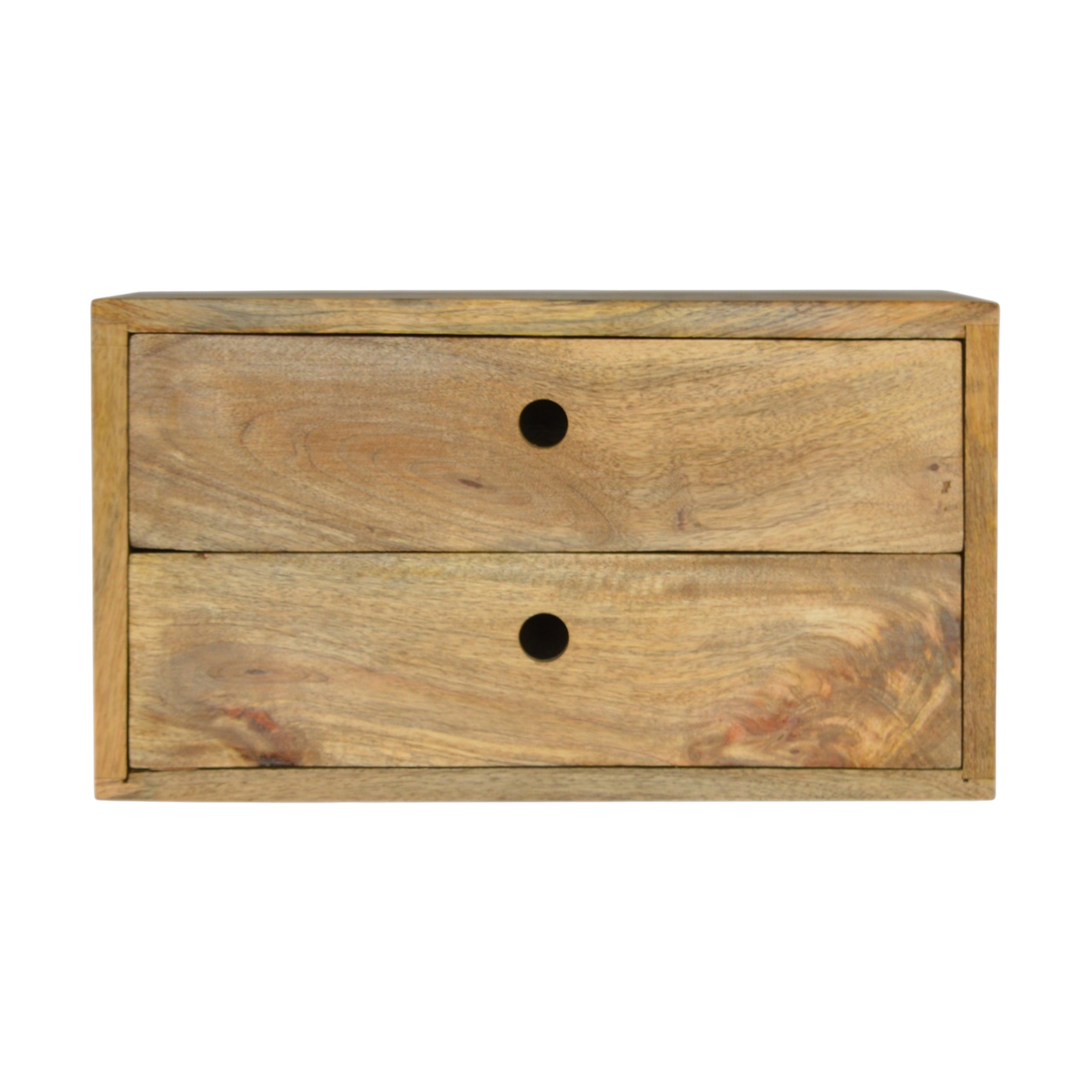 Pimlico 2-Drawer Wall-Mounted Bedside Table in Amber, front view. 100% solid hardwood in a warm amber finish, two full-width drawers, wall-hung with no legs.