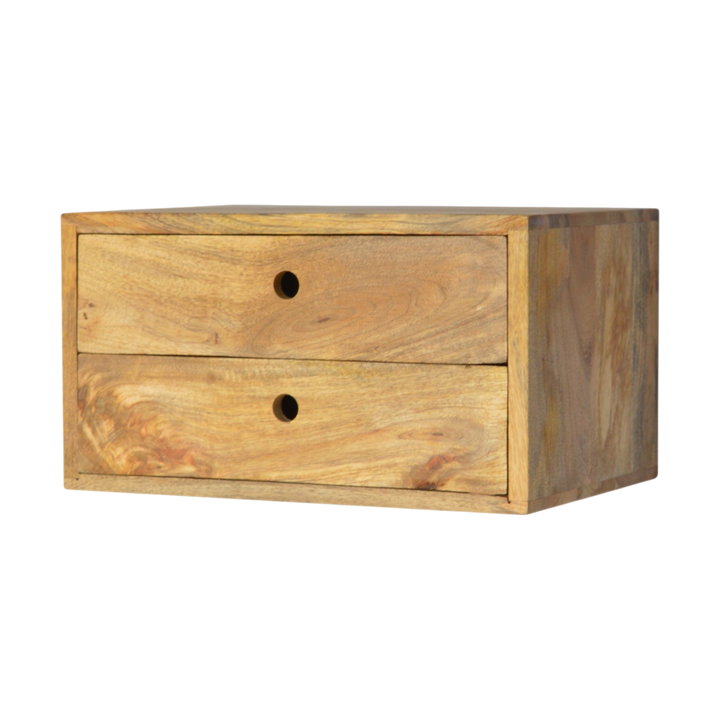 Pimlico 2-Drawer Wall-Mounted Bedside Table in Amber, three-quarter view from the opposite side.