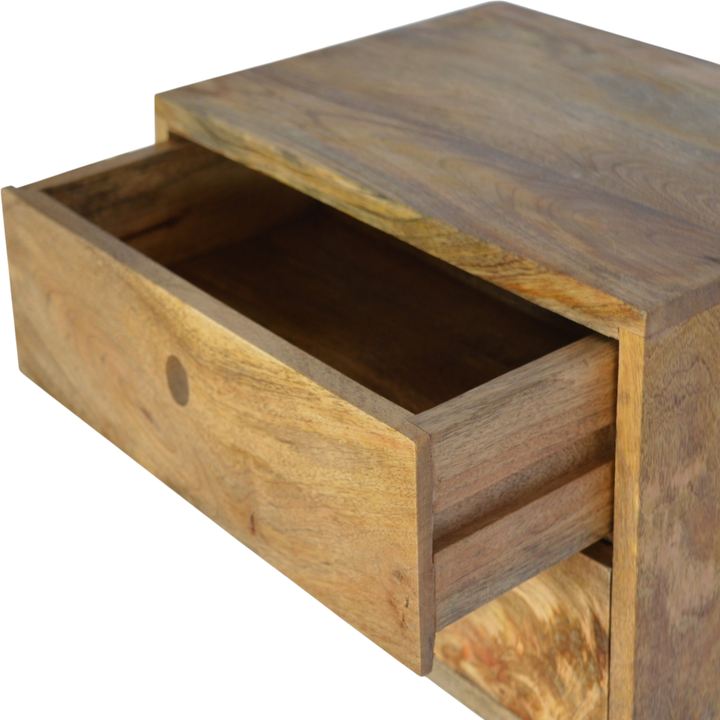 Pimlico 2-Drawer Wall-Mounted Bedside Table in Amber, shown with a drawer open.