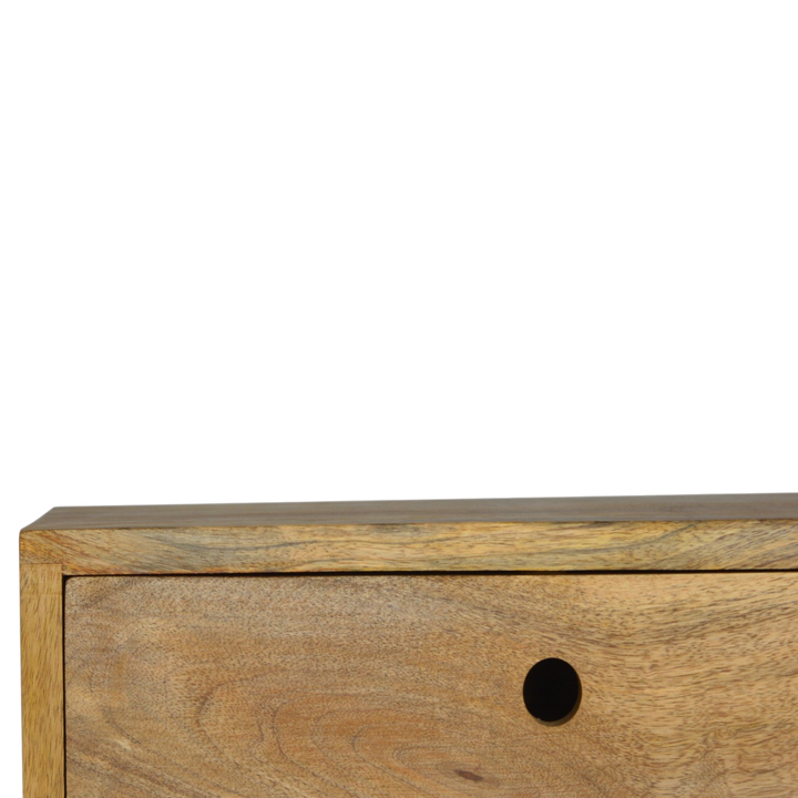 Close view of the knobs on the Pimlico 2-Drawer Wall-Mounted Bedside Table in Amber.