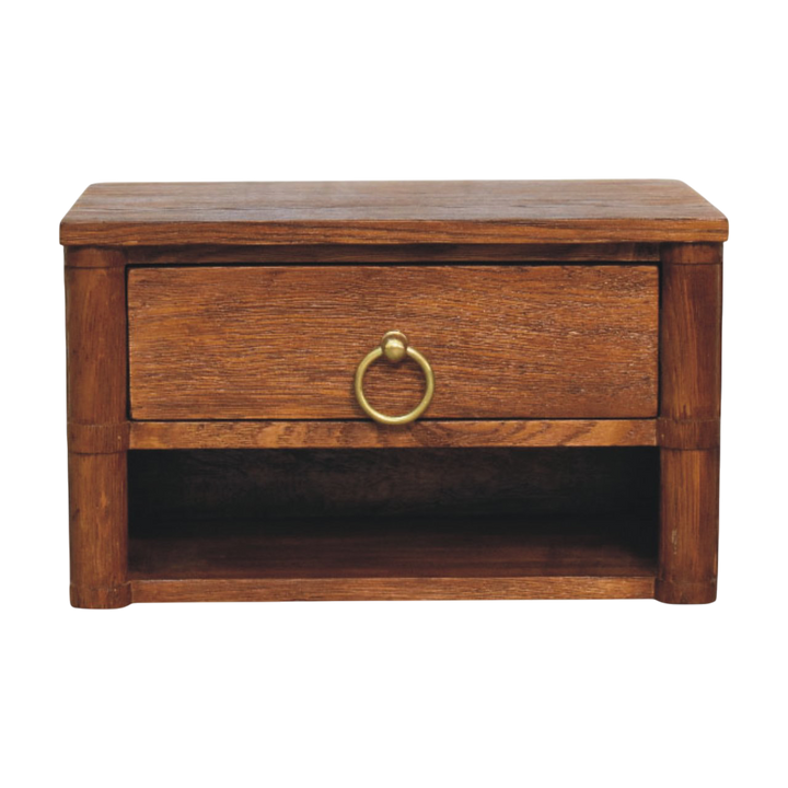 Pimlico Box Frame Wall-Mounted Bedside Table in Amber, front view. 100% solid oak in a warm amber finish, one drawer on a brass ring pull, open shelf beneath, rounded corners.