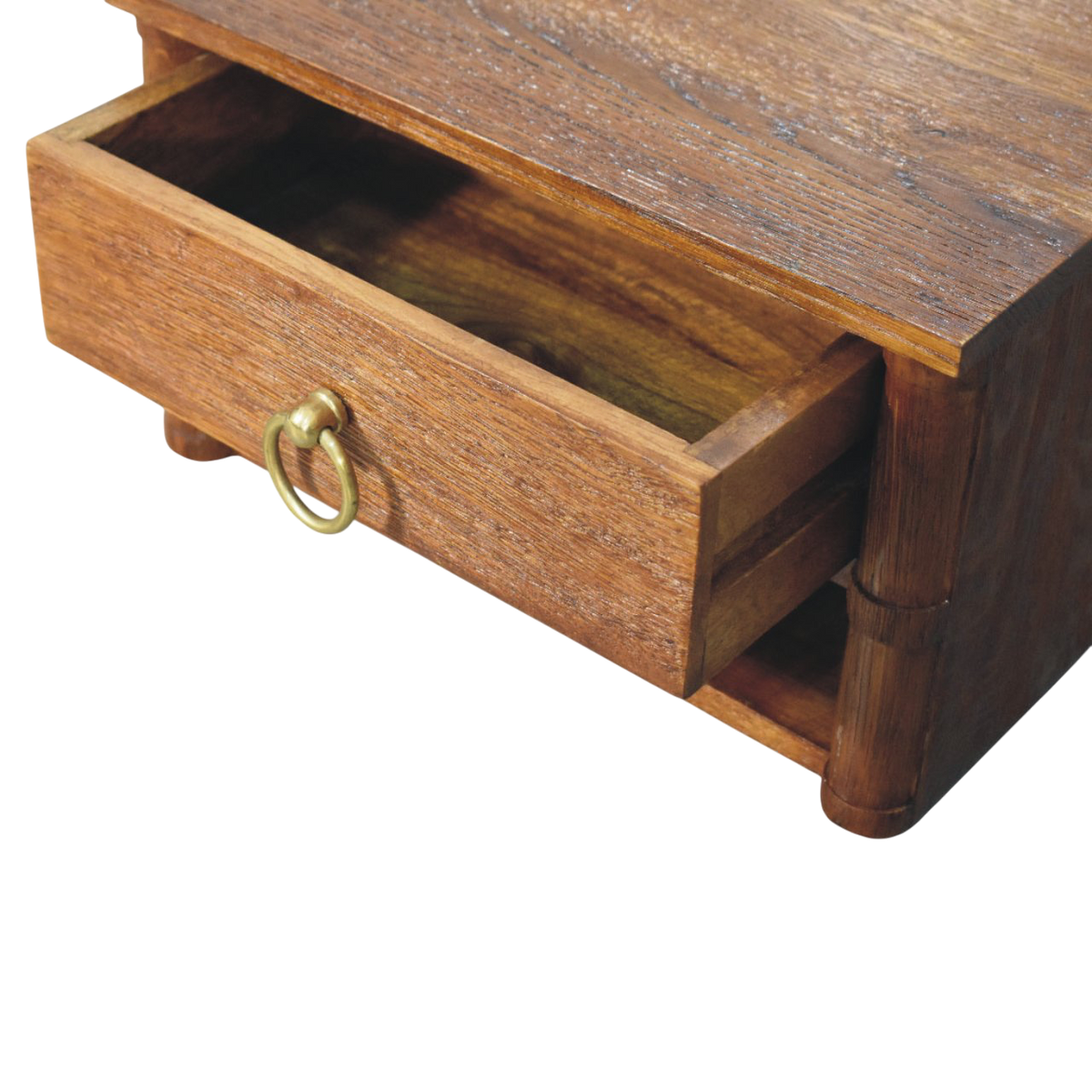 Pimlico Box Frame Wall-Mounted Bedside Table in Amber, shown with a drawer open.