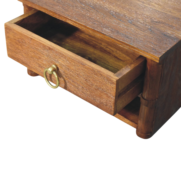 Pimlico Box Frame Wall-Mounted Bedside Table in Amber, shown with a drawer open.