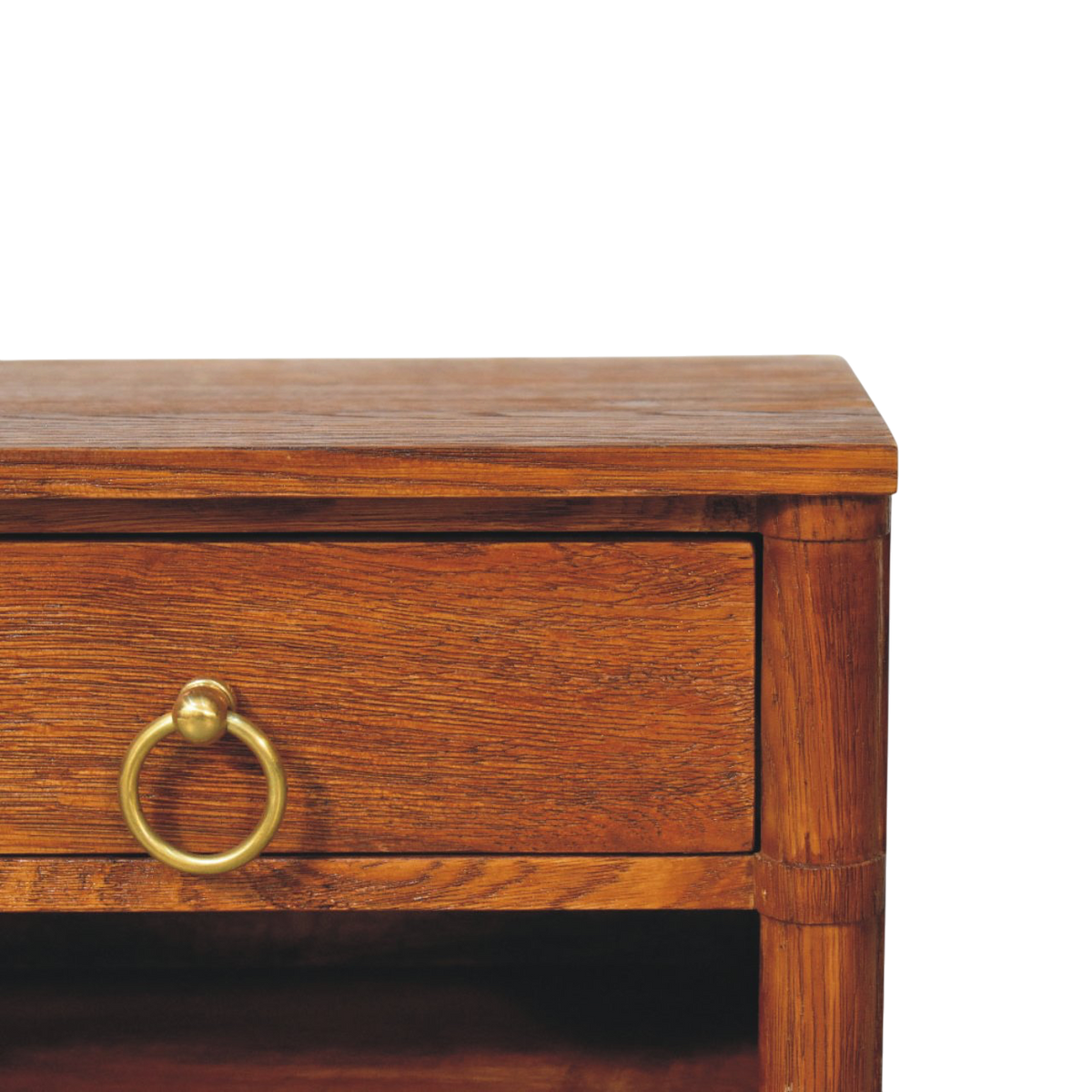 Close view of the brass hardware on the Pimlico Box Frame Wall-Mounted Bedside Table in Amber.