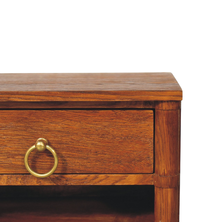 Close view of the brass hardware on the Pimlico Box Frame Wall-Mounted Bedside Table in Amber.