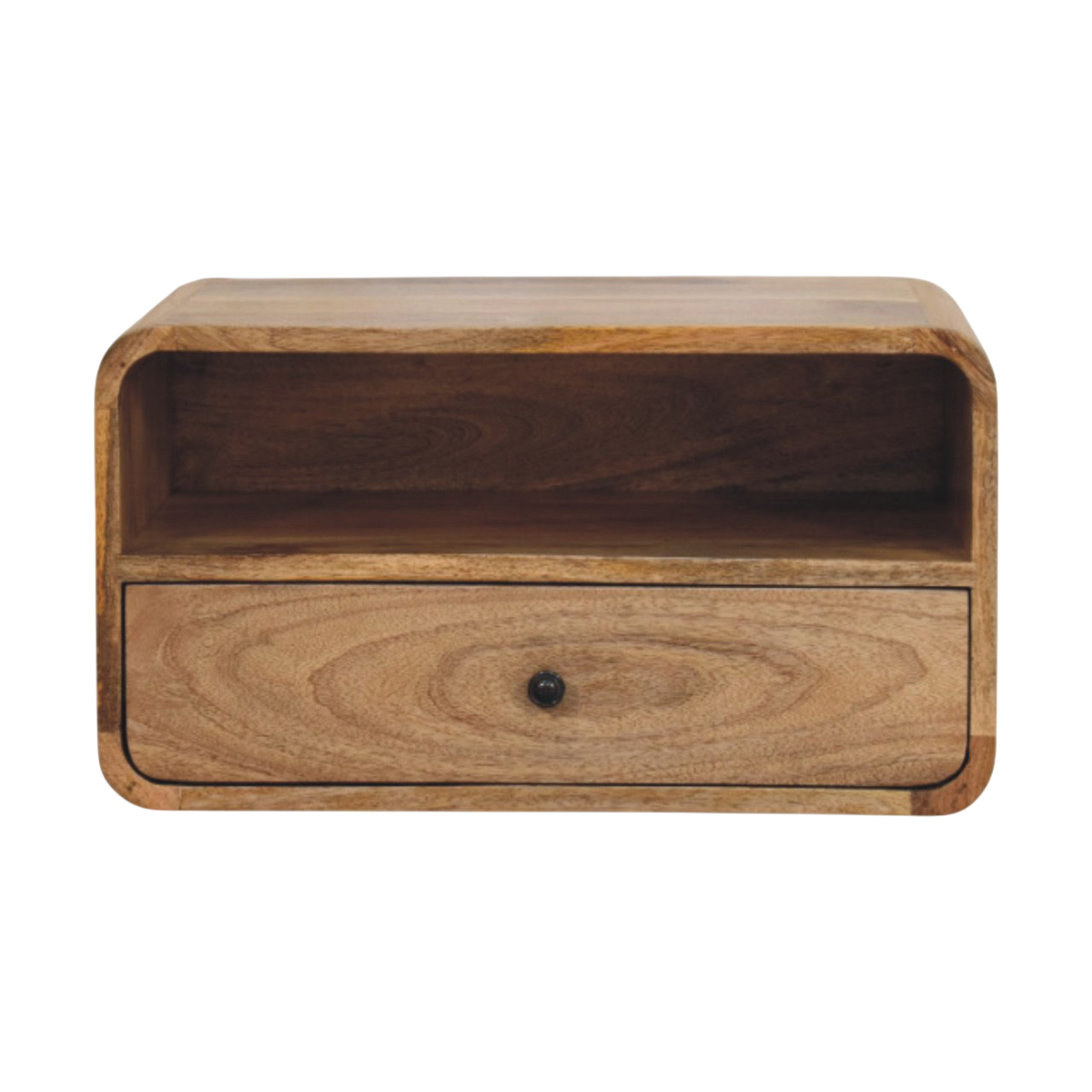 Pimlico Curved Wall-Mounted Bedside Table in Amber, front view. 100% solid hardwood in a warm amber finish, open upper shelf, one drawer on a brass knob, curved sides.