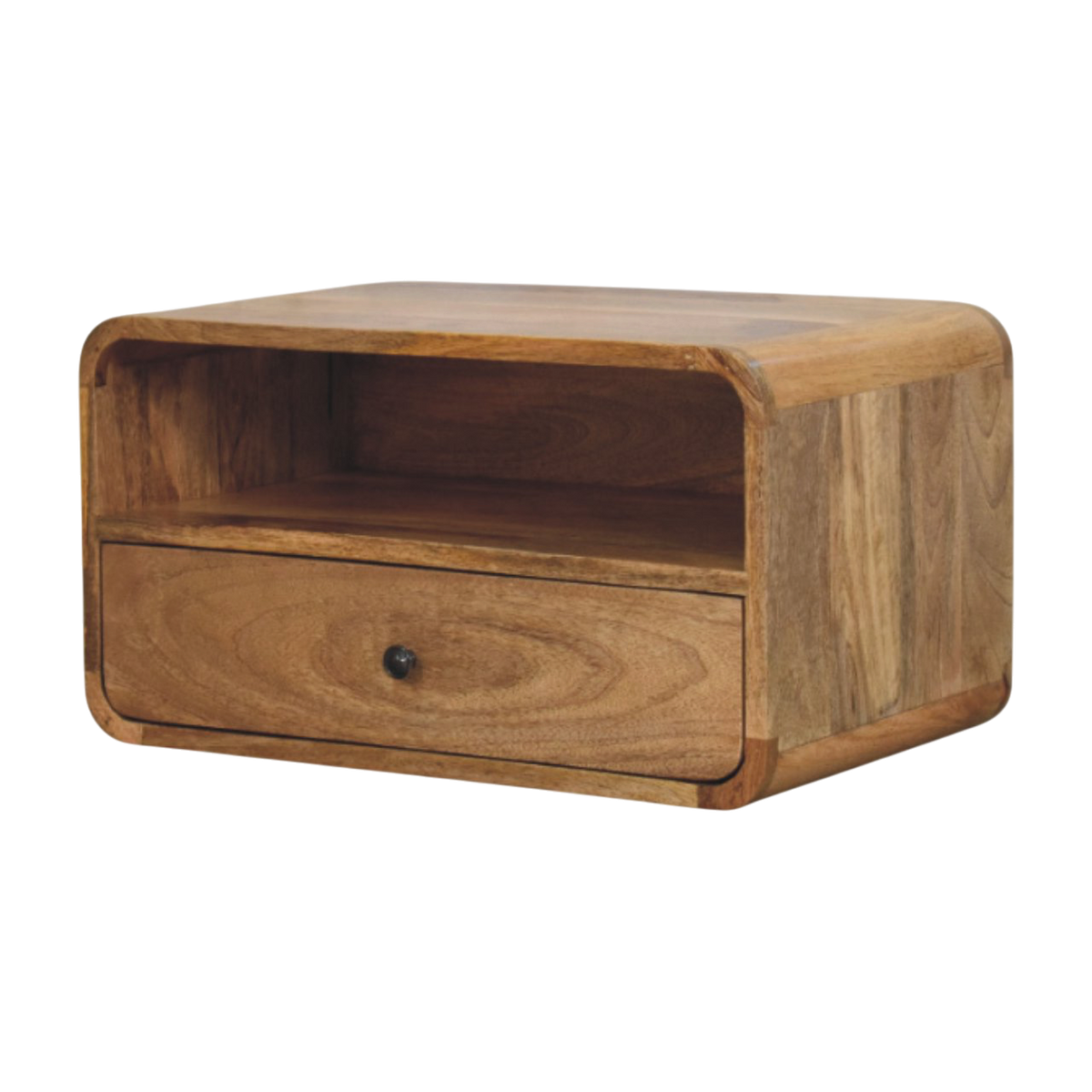 Pimlico Curved Wall-Mounted Bedside Table in Amber, three-quarter view showing the full profile.