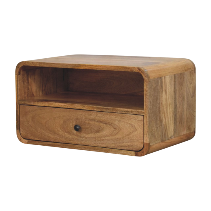 Pimlico Curved Wall-Mounted Bedside Table in Amber, three-quarter view showing the full profile.