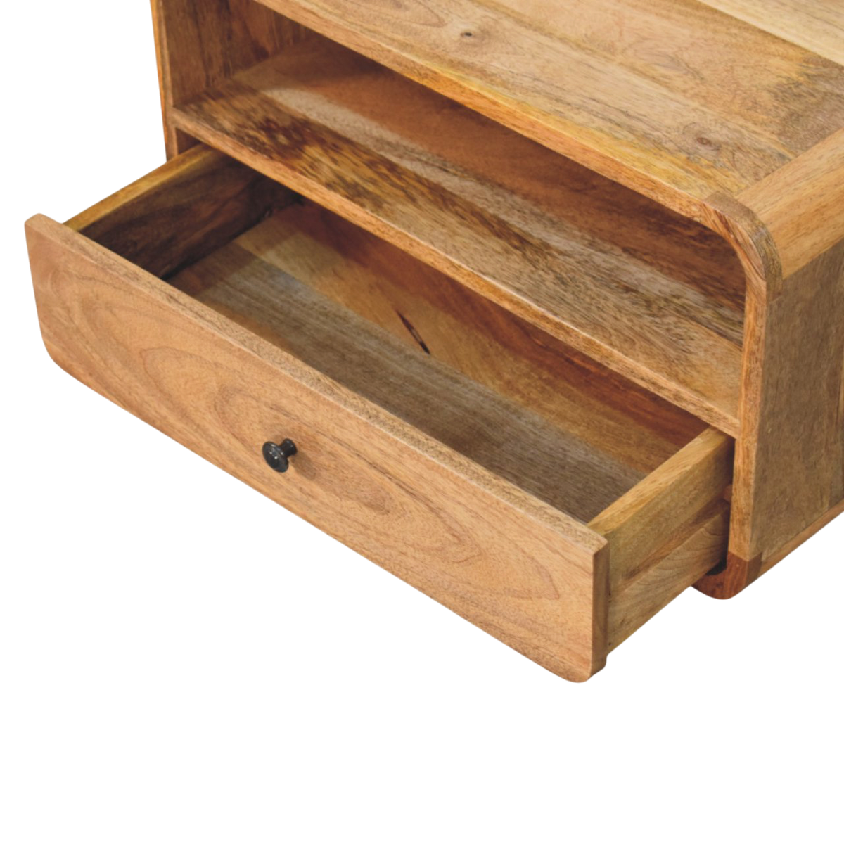 Pimlico Curved Wall-Mounted Bedside Table in Amber, shown with a drawer open.