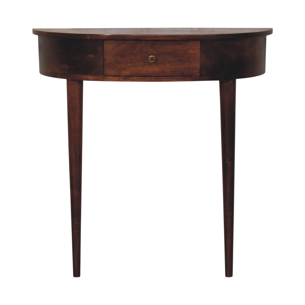 Pimlico Leaning Console Table in Chestnut, front view. 100% solid hardwood in a chestnut finish, one drawer, front legs only.