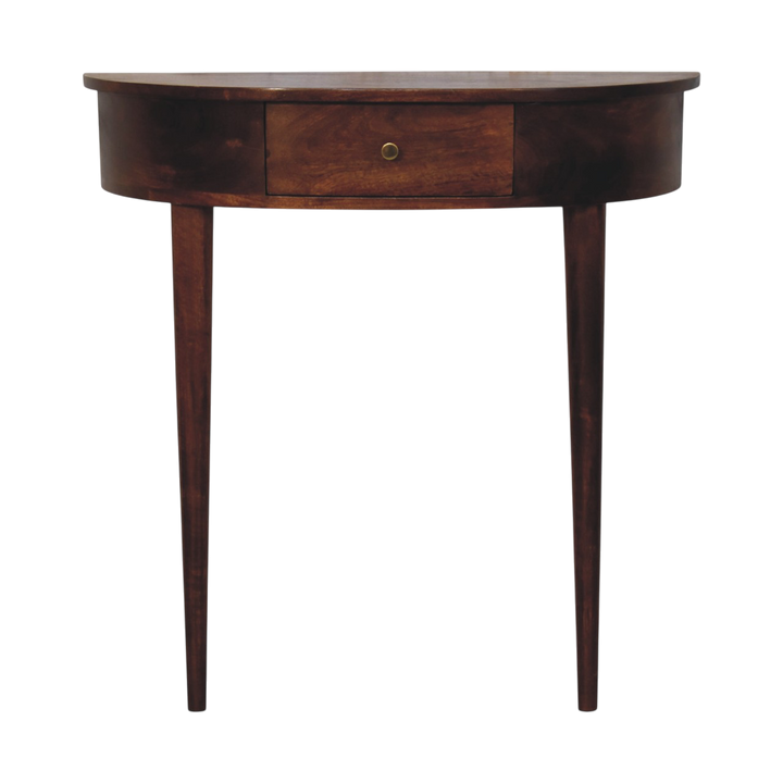 Pimlico Leaning Console Table in Chestnut, front view. 100% solid hardwood in a chestnut finish, one drawer, front legs only.