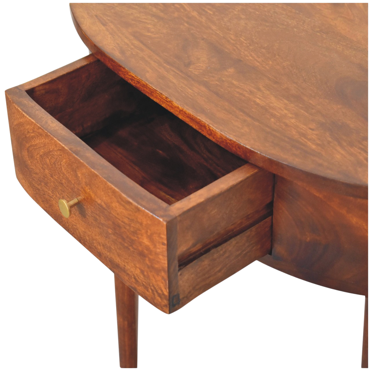 Pimlico Leaning Console Table in Chestnut, shown with a drawer open.