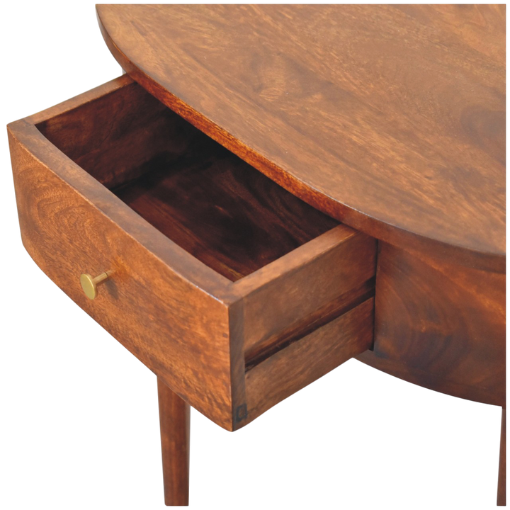 Pimlico Leaning Console Table in Chestnut, shown with a drawer open.
