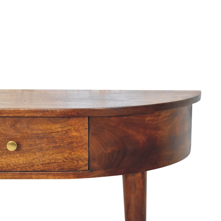 Close view of the brass hardware on the Pimlico Leaning Console Table in Chestnut.