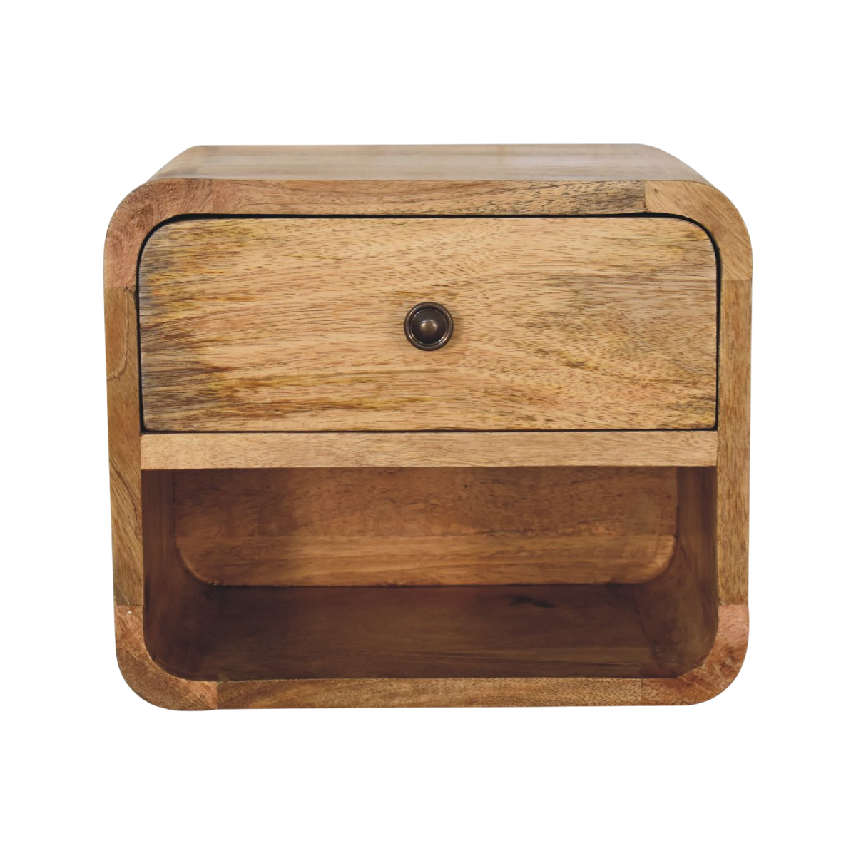 Pimlico Mini Wall-Mounted Bedside Table in Amber, front view. 100% solid hardwood in a warm amber finish, one drawer over an open slot, wall-hung with no legs.