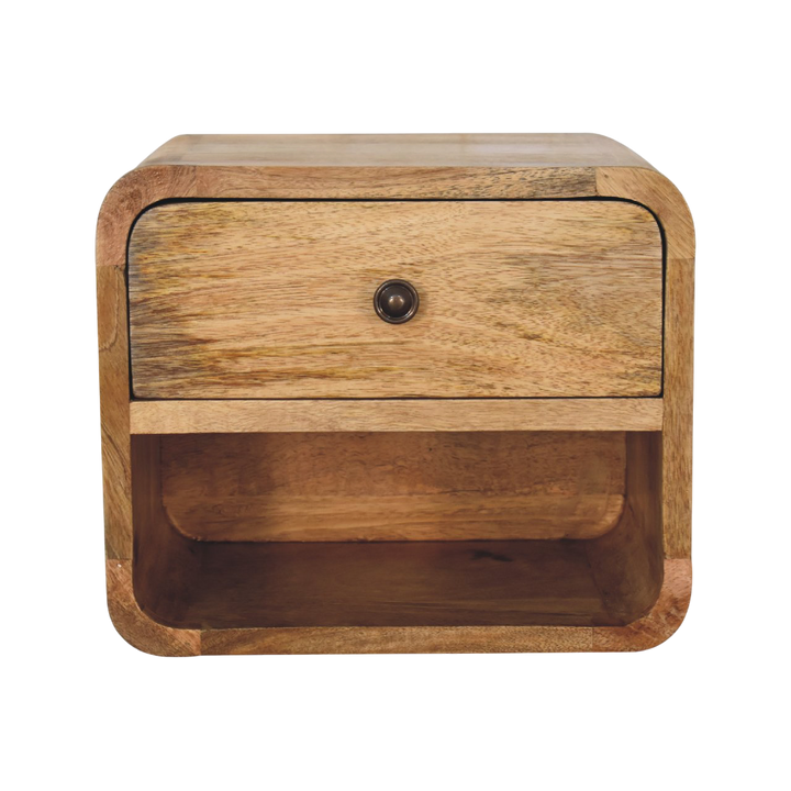 Pimlico Mini Wall-Mounted Bedside Table in Amber, front view. 100% solid hardwood in a warm amber finish, one drawer over an open slot, wall-hung with no legs.