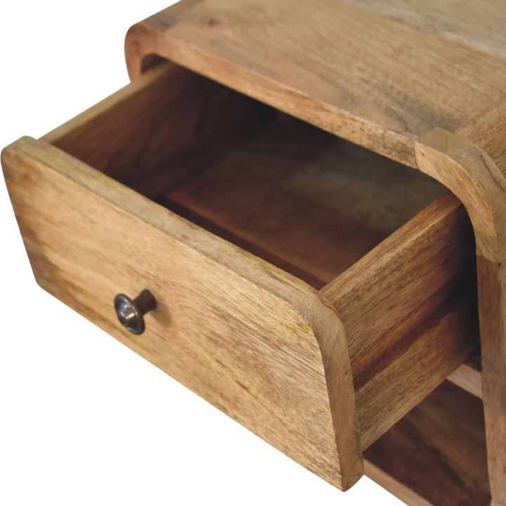 Pimlico Mini Wall-Mounted Bedside Table in Amber, shown with a drawer open.