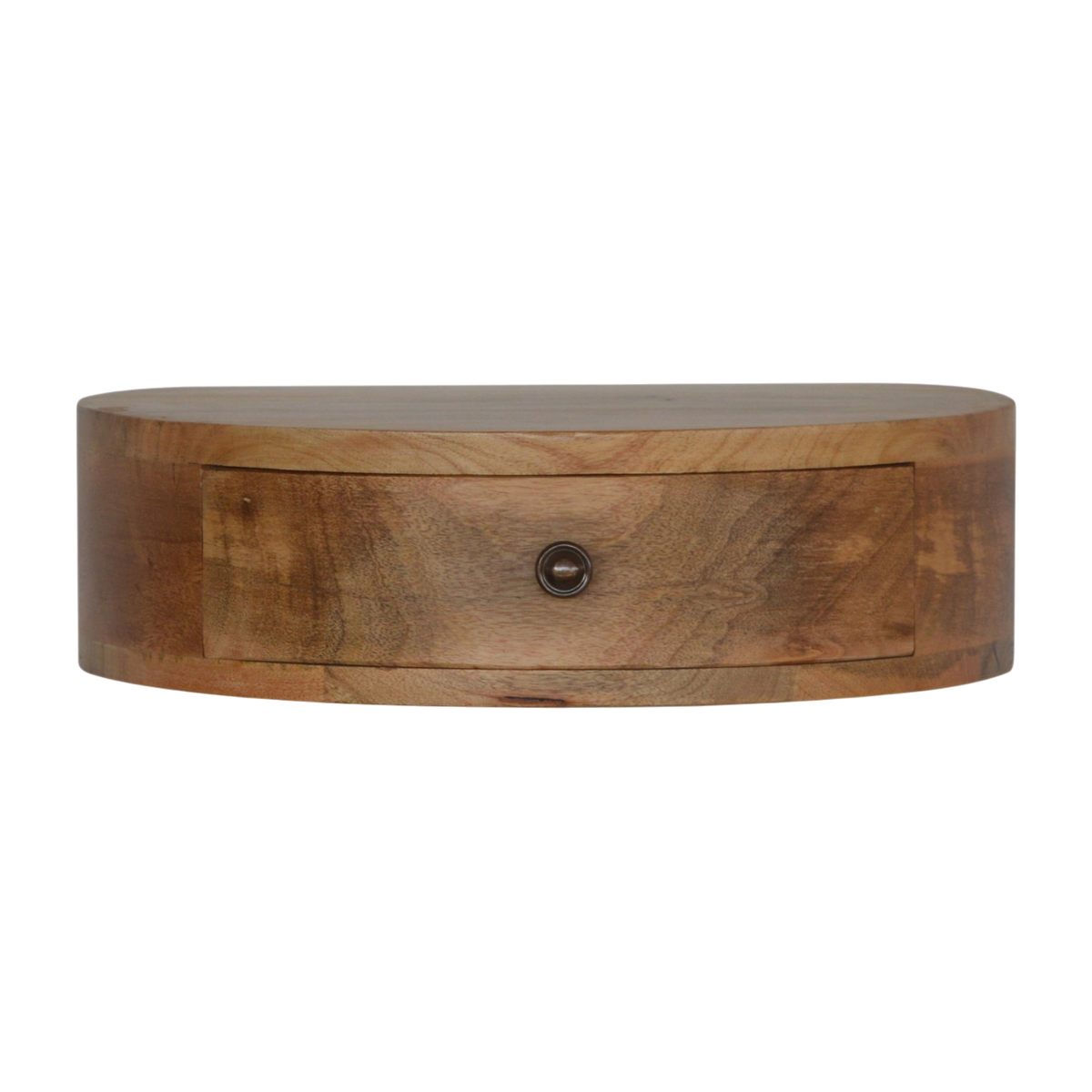 Pimlico Rounded Wall-Mounted Bedside Table in Amber, front view. 100% solid hardwood in a warm amber finish, one drawer, rounded corners, wall-hung with no legs.