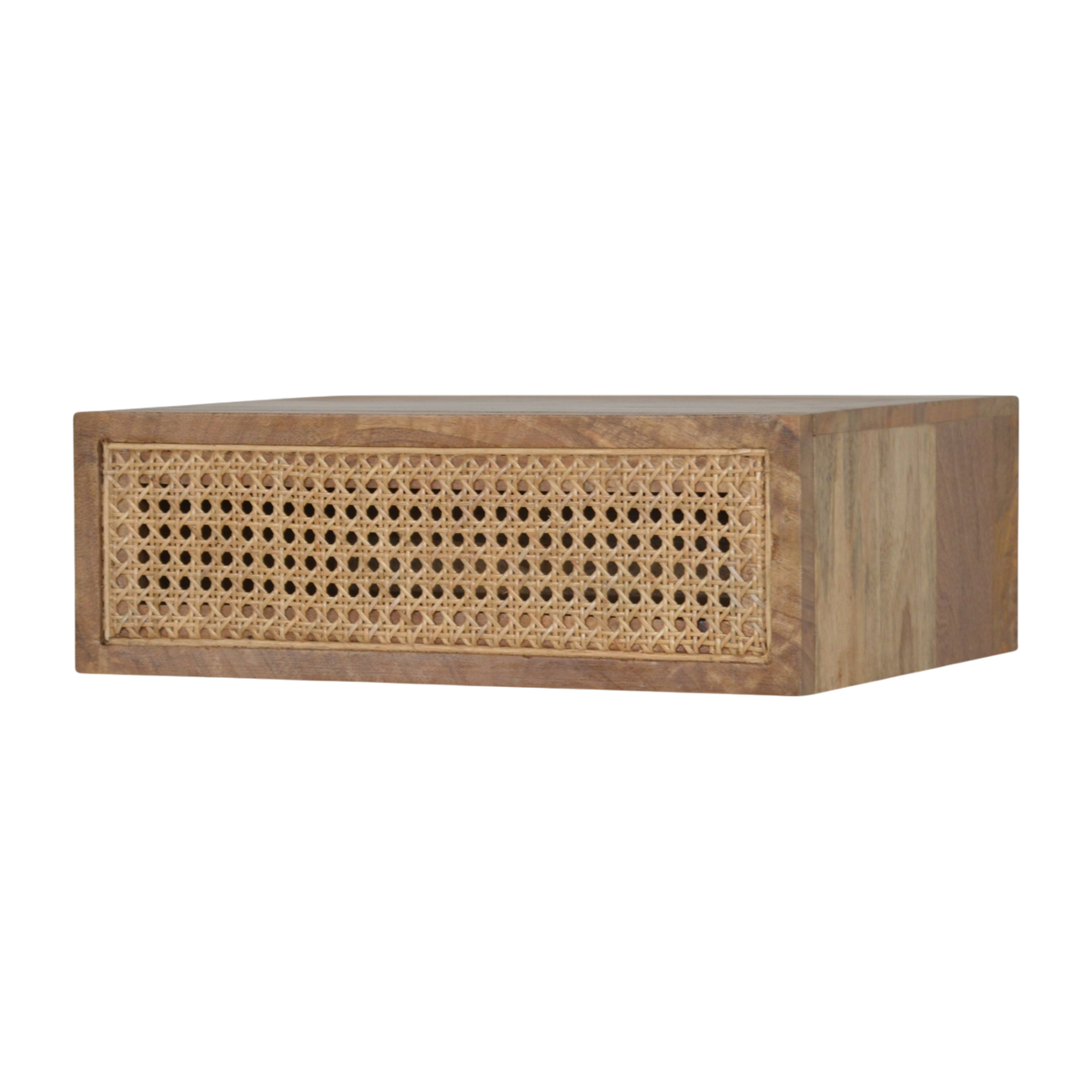 Pimlico Wall-Mounted Bedside Table in Amber with Natural Rattan, front view. 100% solid hardwood in a warm amber finish, one drawer with a woven rattan front, wall-hung with no legs.