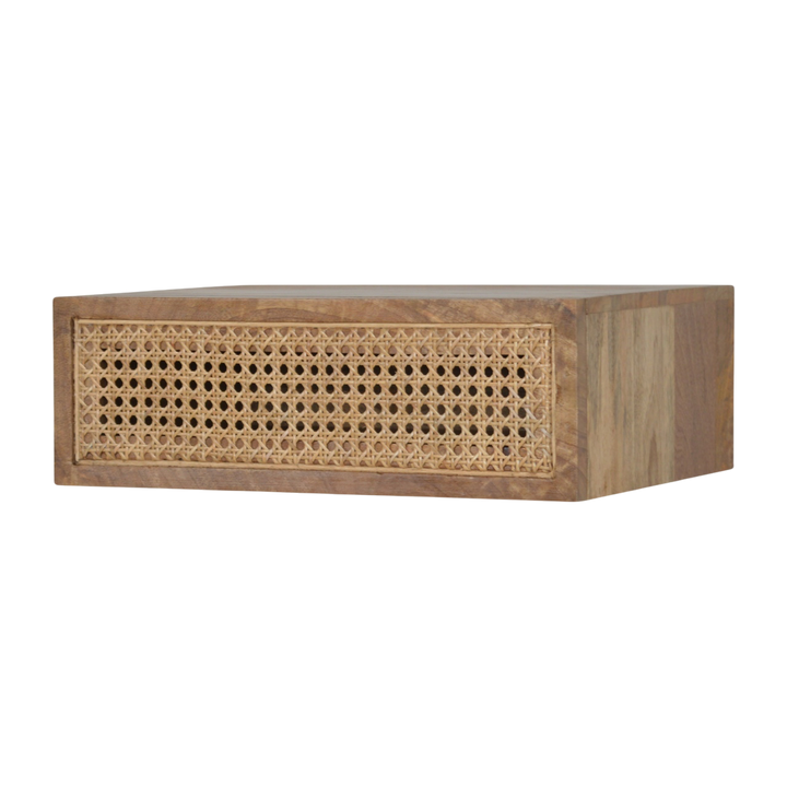 Pimlico Wall-Mounted Bedside Table in Amber with Natural Rattan, front view. 100% solid hardwood in a warm amber finish, one drawer with a woven rattan front, wall-hung with no legs.