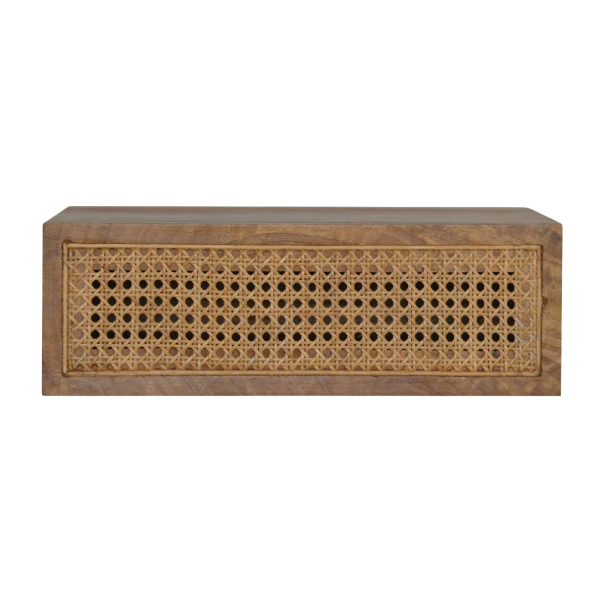 Pimlico Wall-Mounted Bedside Table in Amber with Natural Rattan, three-quarter view showing the full profile.