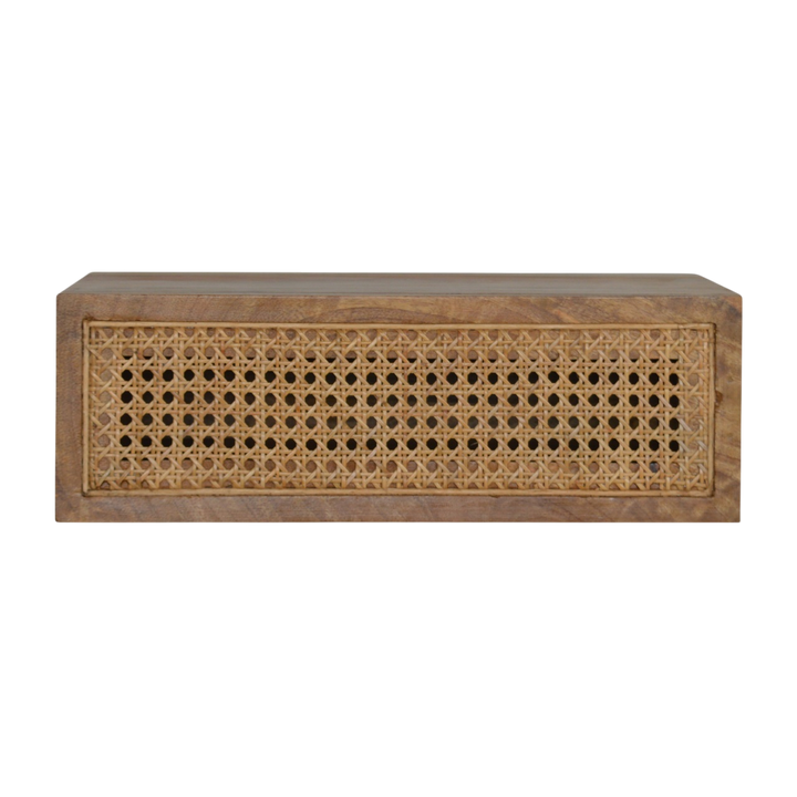 Pimlico Wall-Mounted Bedside Table in Amber with Natural Rattan, three-quarter view showing the full profile.