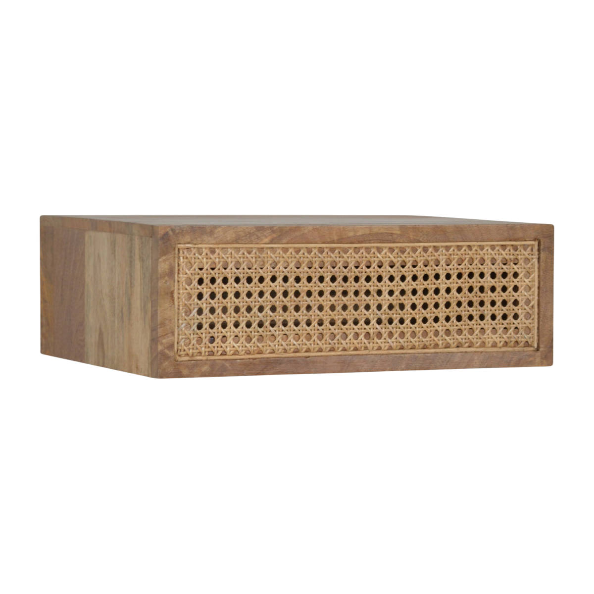 Pimlico Wall-Mounted Bedside Table in Amber with Natural Rattan, three-quarter view from the opposite side.