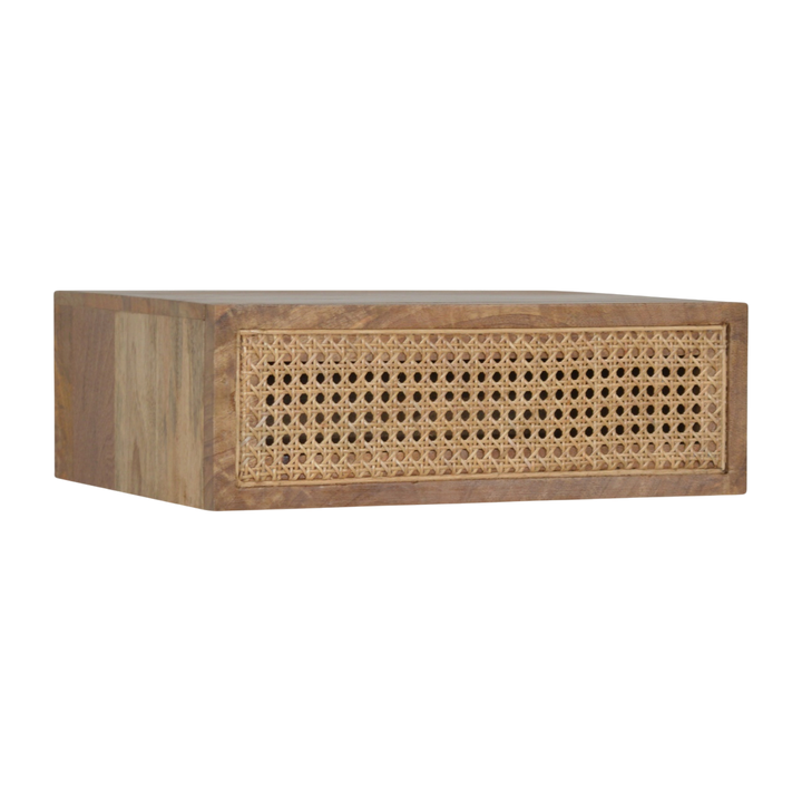 Pimlico Wall-Mounted Bedside Table in Amber with Natural Rattan, three-quarter view from the opposite side.