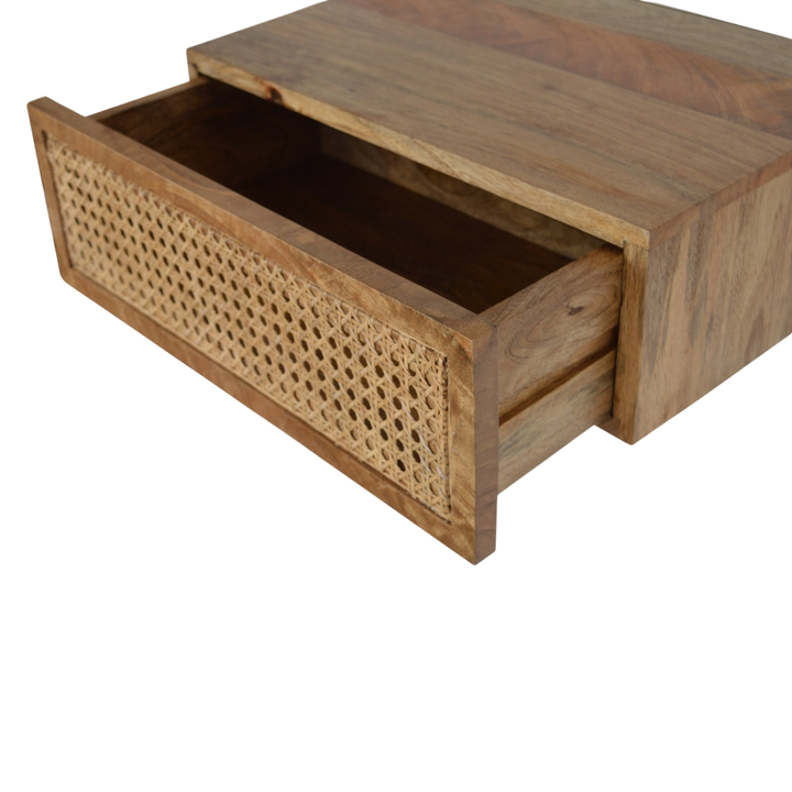 Pimlico Wall-Mounted Bedside Table in Amber with Natural Rattan, shown with a drawer open.