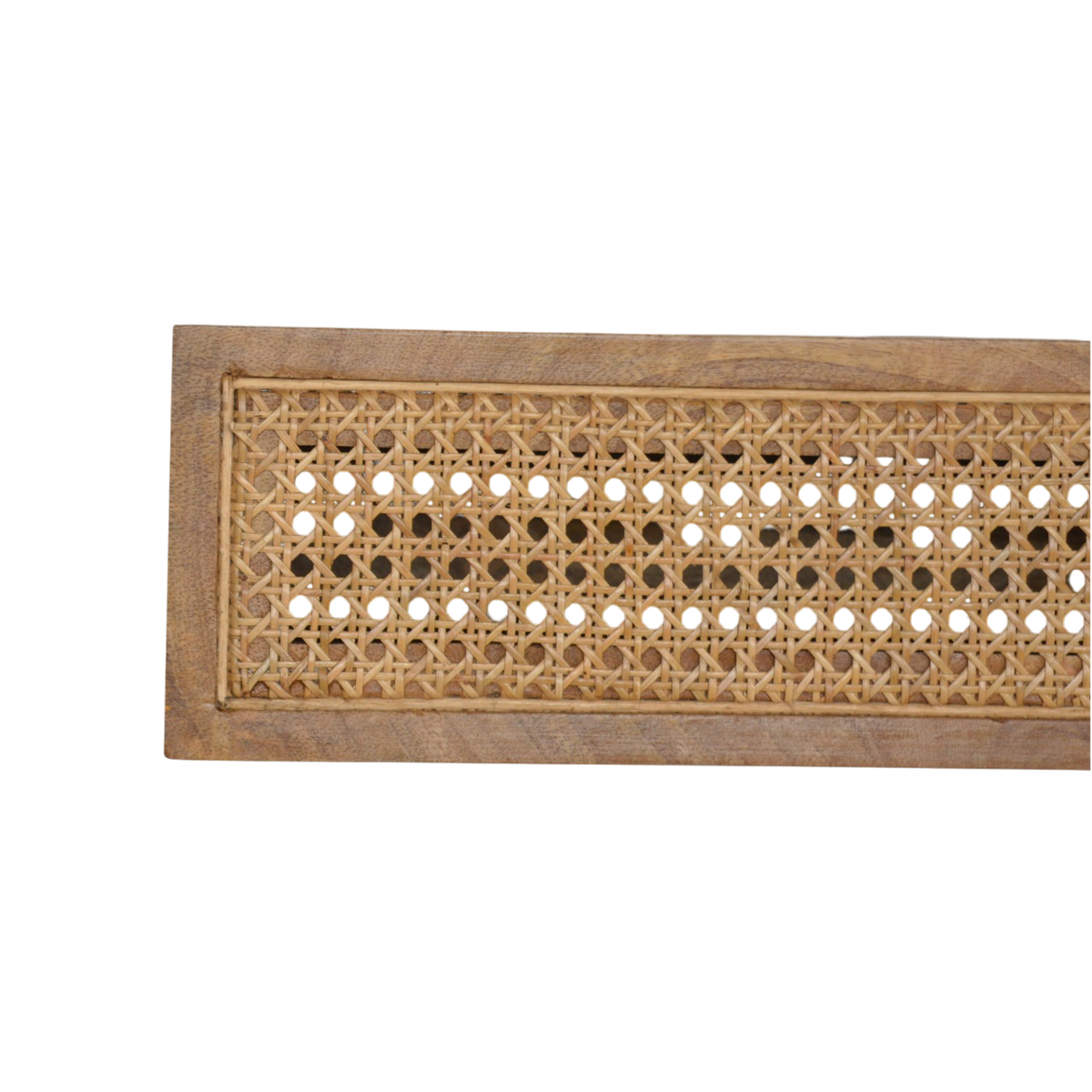Close view of the woven panels on the Pimlico Wall-Mounted Bedside Table in Amber with Natural Rattan.