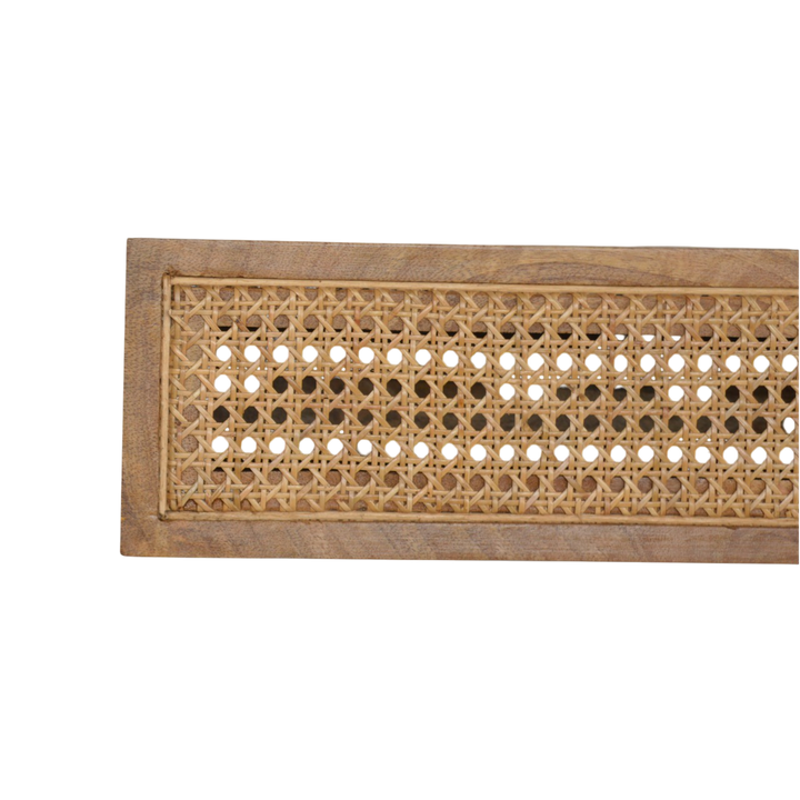 Close view of the woven panels on the Pimlico Wall-Mounted Bedside Table in Amber with Natural Rattan.