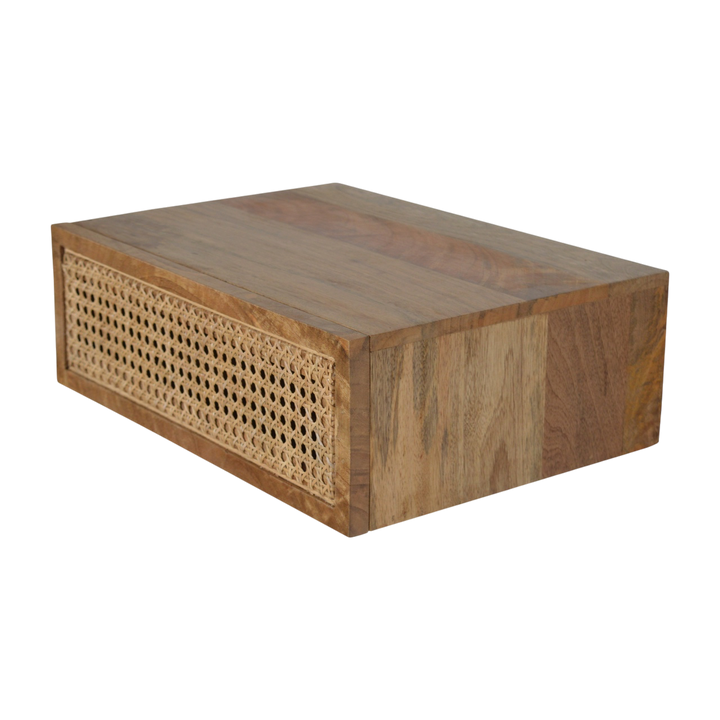 Pimlico Wall-Mounted Bedside Table in Amber with Natural Rattan, shown from above at an angle.