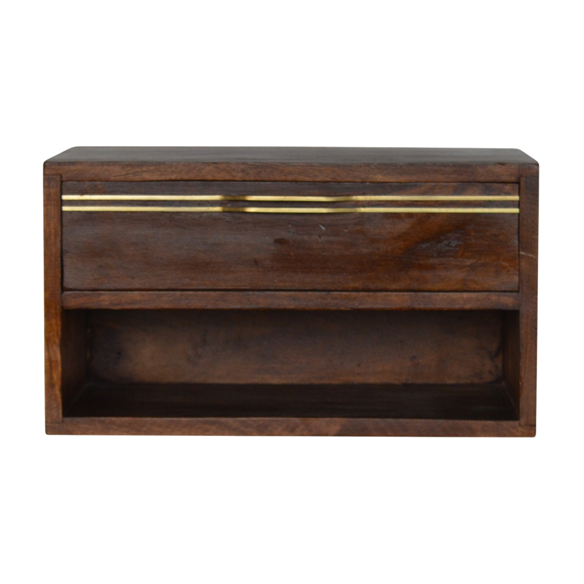 Pimlico Wall-Mounted Bedside Table in Chestnut, front view. 100% solid hardwood in a chestnut finish, one deep drawer, inlaid front, brass handle, wall-hung with no legs.