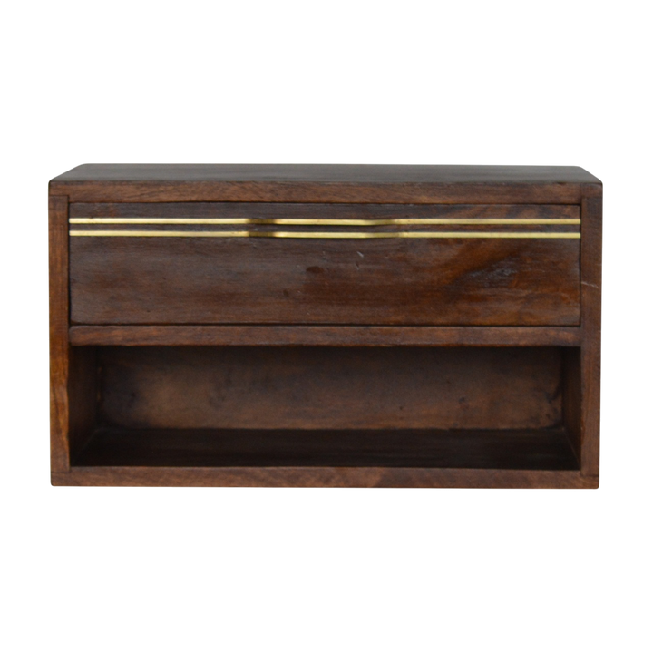 Pimlico Wall-Mounted Bedside Table in Chestnut, front view. 100% solid hardwood in a chestnut finish, one deep drawer, inlaid front, brass handle, wall-hung with no legs.