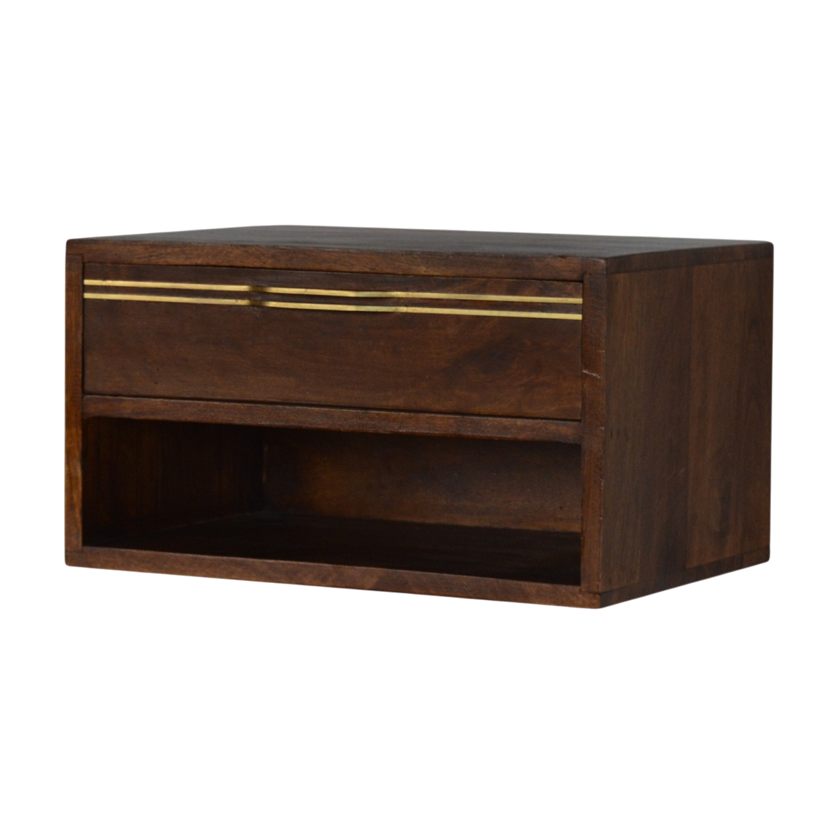 Pimlico Wall-Mounted Bedside Table in Chestnut, three-quarter view showing the full profile.